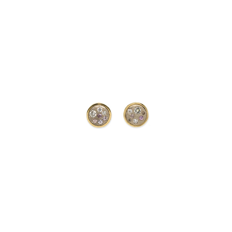 Miles McNeel Small White Diamond and Pink Sapphire Circle White Gold Stud Earrings