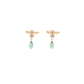 CFJ Bees Tiny Bee Diamond  Drop  Earrings with Afghan Green Tourmaline Faceted Drops