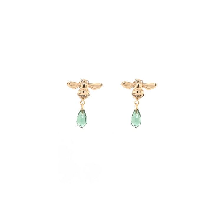 CFJ Bees Faceted Nigerian Green Tourmaline Briolette Tiny Bee Diamond Drop Earrings