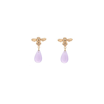 CFJ Bees Tiny Bee Diamond  Drop  Earring with Smooth Lavender Chalcedony  Briolettes