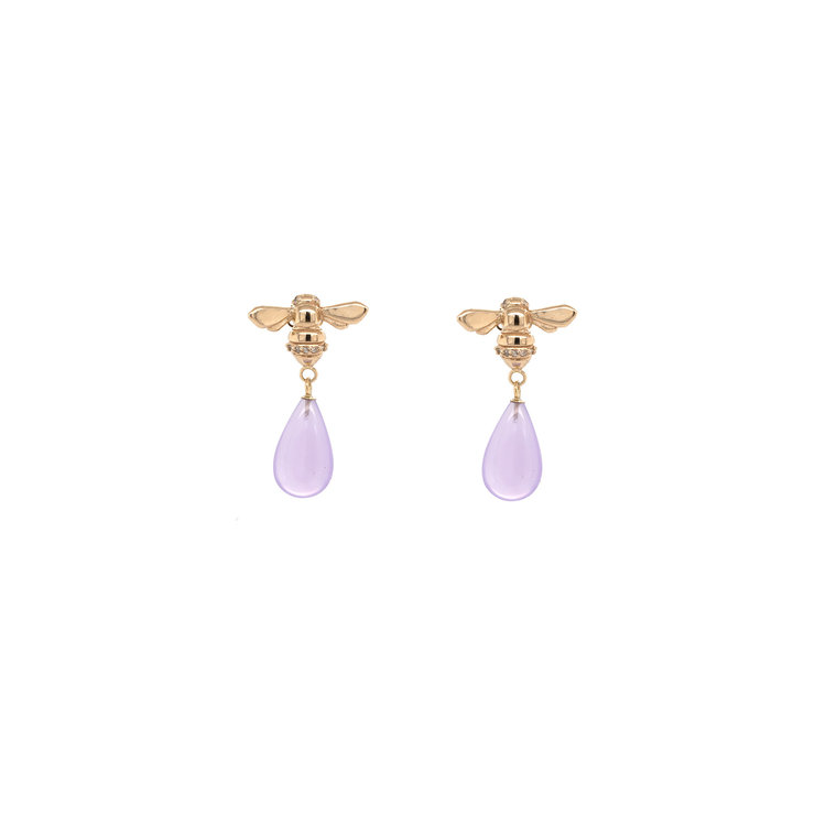 CFJ Bees Smooth Lavender Chalcedony Briolette Tiny Bee Diamond Drop Earrings