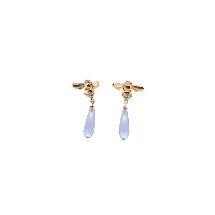 CFJ Bees Faceted Blue Chalcedony Briolette Tiny Bee Diamond Drop Earrings