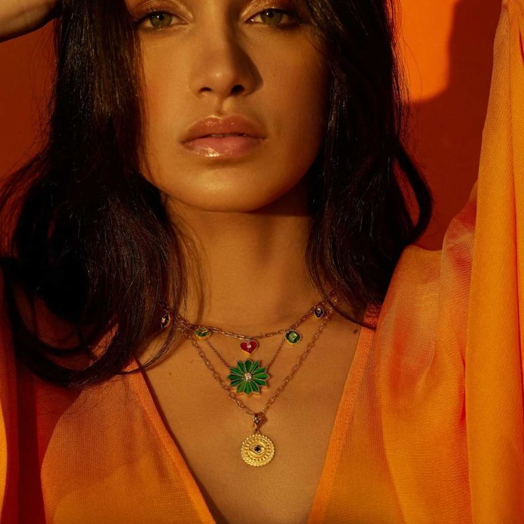 Orly Marcel Sacred Flower Inlay Necklace Emerald and Mother of Pearl