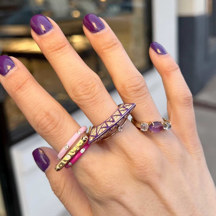 Dries Criel White Diamond and Purple Enamel Lotus Ring