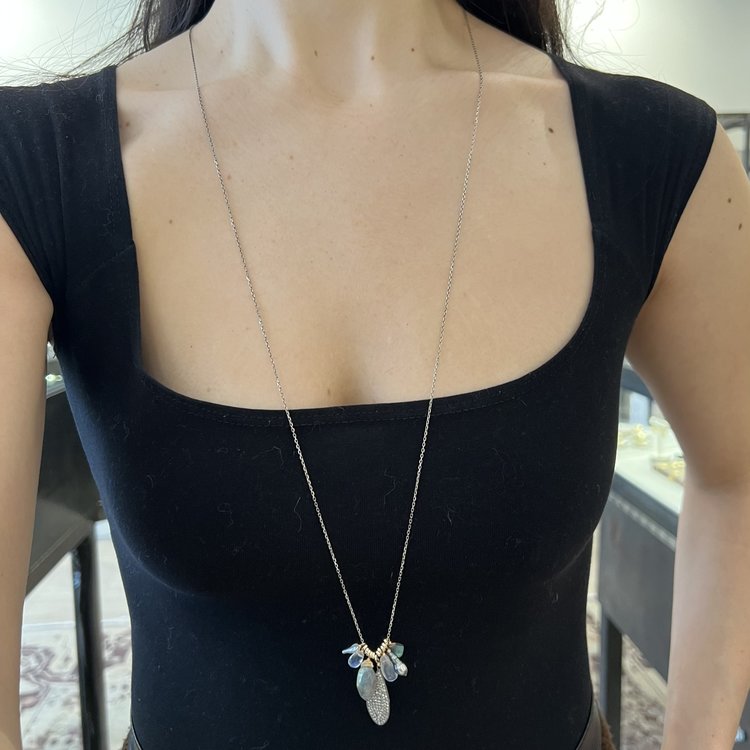 Dana Kellin Labradorite, Pearl, Moonstone, and Diamond Pave Seven Charm Necklace