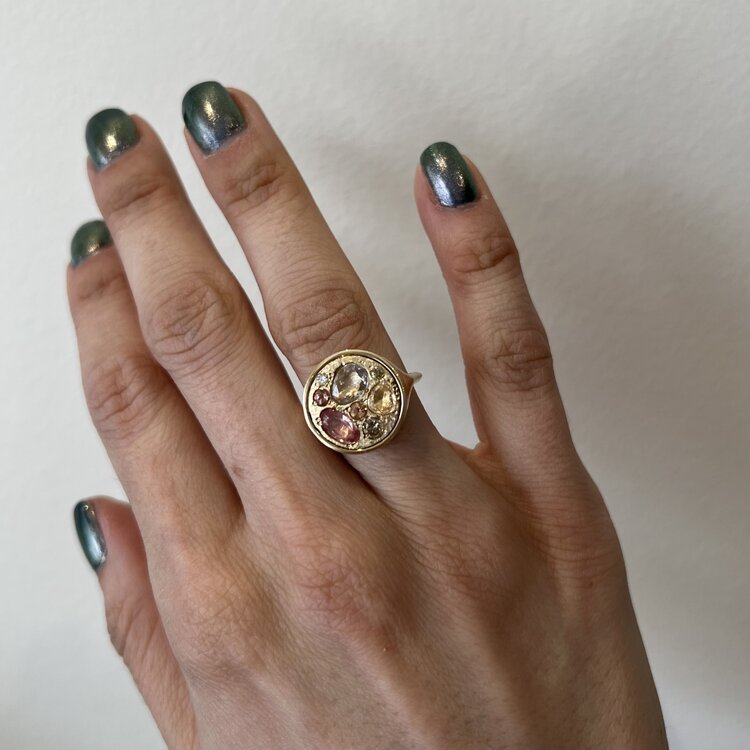 Miles McNeel Large Diamond, Yellow and Pink Sapphire Circle Yellow Gold Ring