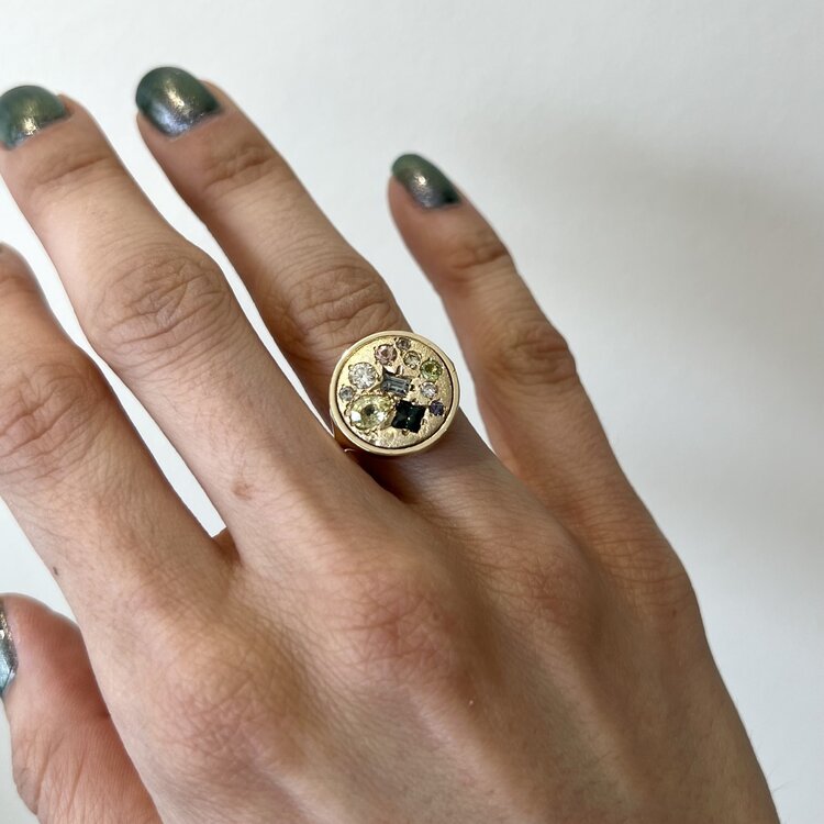 Miles McNeel Large Diamond and Green Sapphire Circle Yellow Gold Ring