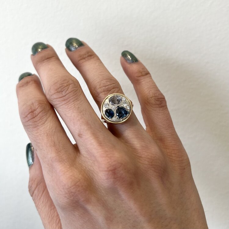 Miles McNeel Large Diamond and Blue Sapphire Circle White Gold Ring