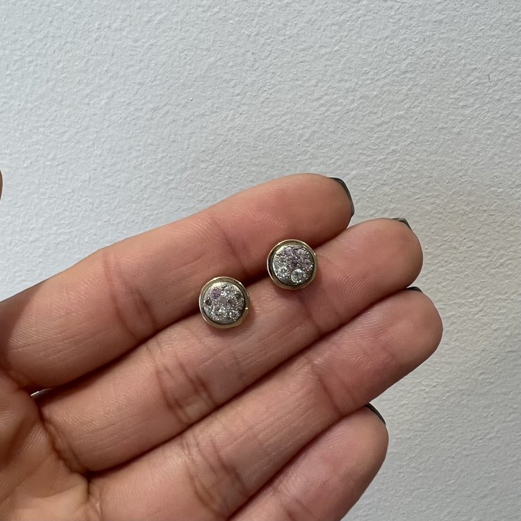 Miles McNeel Small White Diamond and Pink Sapphire Circle White Gold Stud Earrings