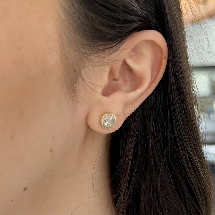 Miles McNeel Small White Diamond and Pink Sapphire Circle White Gold Stud Earrings