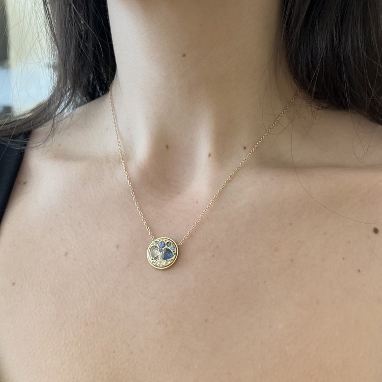 Miles McNeel Diamond and Blue Sapphire Large Circle Yellow Gold Necklace