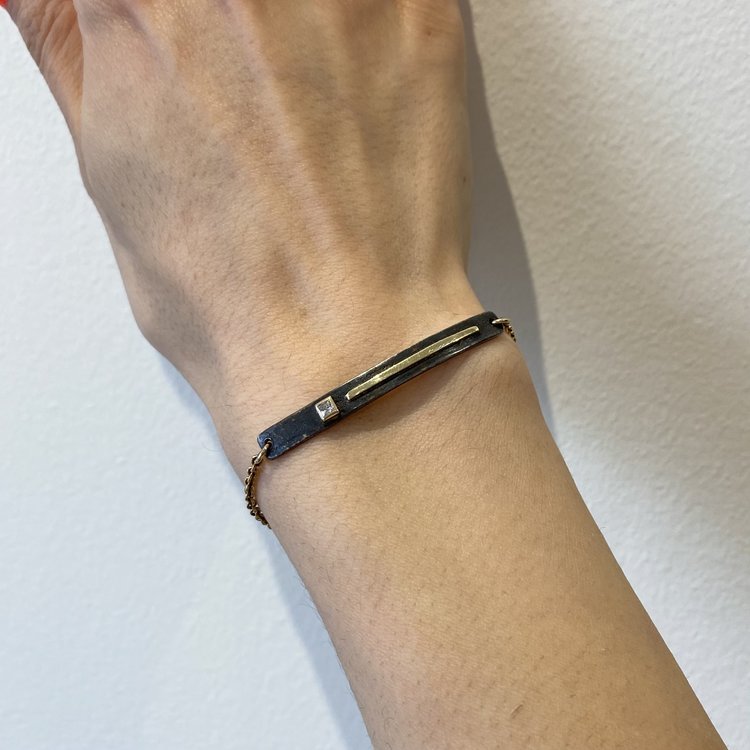 CFJ Fusion ID Bracelet/ Gold Stripe, Princess Diamond and Oxidized Sterling Silver