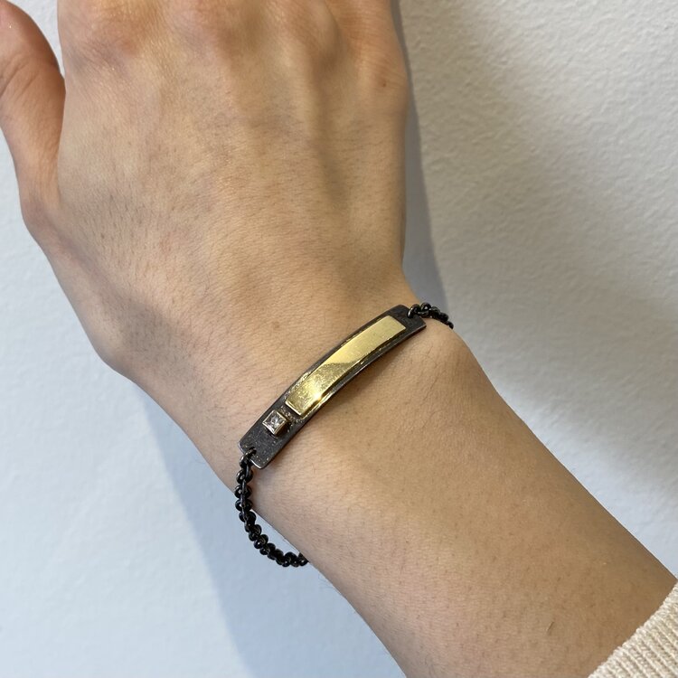 CFJ Fusion Large Gold Bar, Princess-Cut Diamond and Oxidized Sterling Silver Bracelet