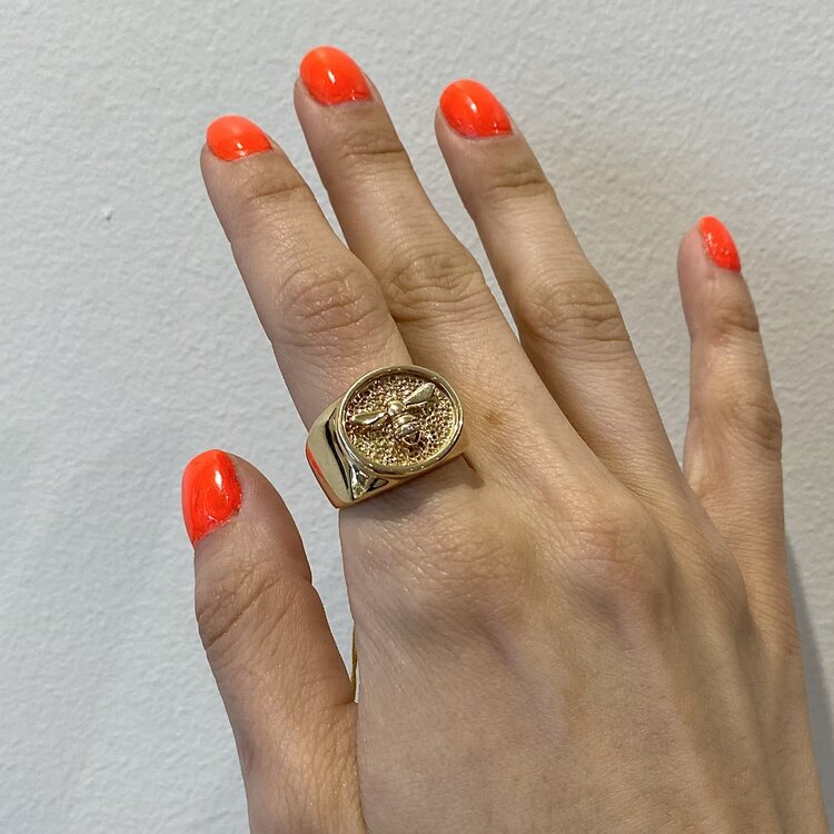 CFJ Bees Signet Ring Tiny Bee Gold with Diamonds