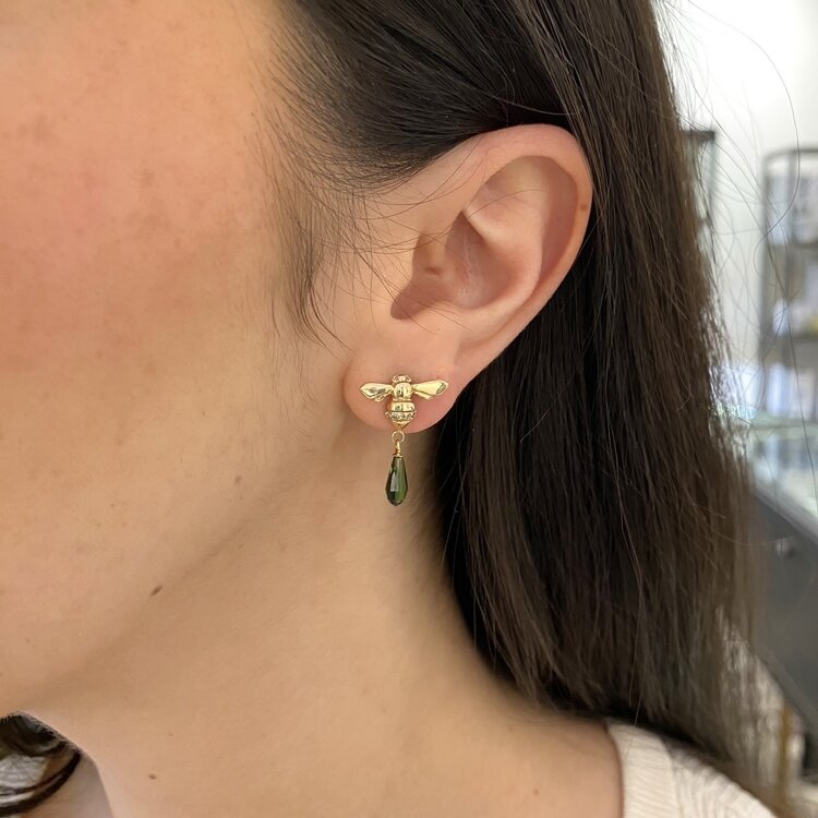 CFJ Bees Faceted Afghan Green Tourmaline Briolette Tiny Bee Diamond Drop Earrings