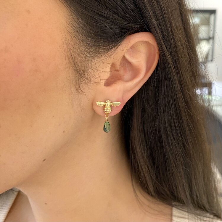 CFJ Bees Faceted Nigerian Green Tourmaline Briolette Tiny Bee Diamond Drop Earrings