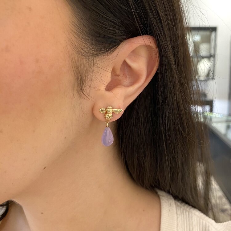 CFJ Bees Smooth Lavender Chalcedony Briolette Tiny Bee Diamond Drop Earrings