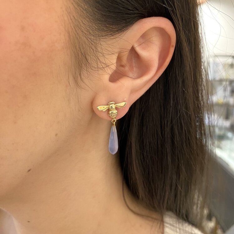 CFJ Bees Faceted Blue Chalcedony Briolette Tiny Bee Diamond Drop Earrings