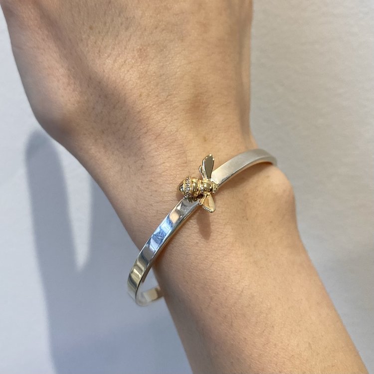 CFJ Bees Mixed-Metal Satin Silver Pave Diamond Tiny Bee Cuff