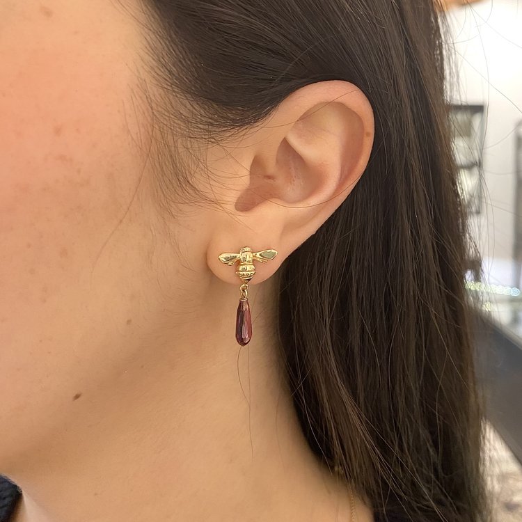 CFJ Bees Faceted Rhodolite Garnet Briolette Tiny Bee Diamond Drop Earrings