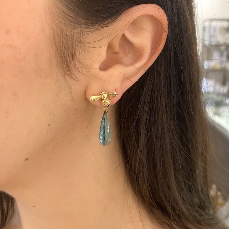 CFJ Bees Smooth Nigerian Blue Tourmaline Briolette Tiny Bee Diamond Drop Earrings