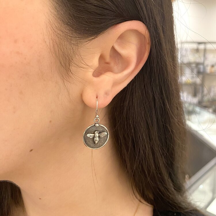 CFJ Bees Tiny Bee  Medallion Earrings Silver
