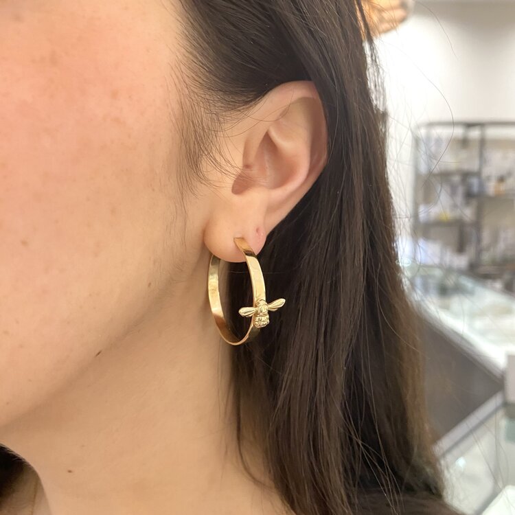 CFJ Bees Polished Gold and Pave Diamond Tiny Bee Gold Hoop Earrings