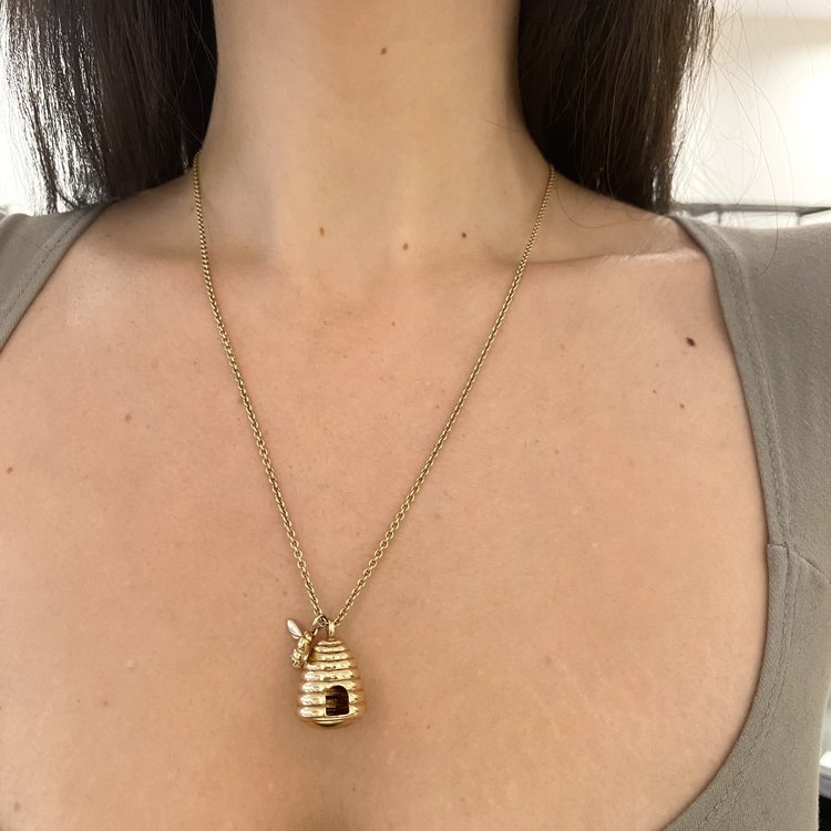 CFJ Bees Pave Tiny Bee and Gold Beehive Pendant Necklace