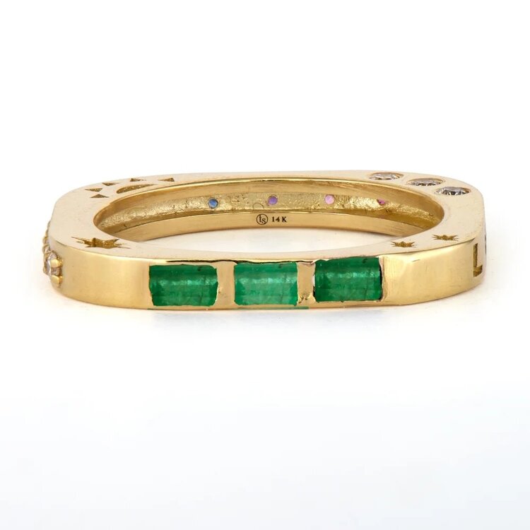 Three Stories Multi-Stone Square Engraved Love Band Emerald