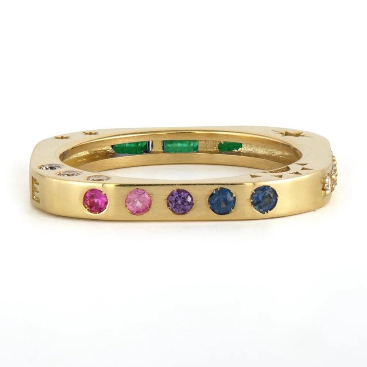 Three Stories Multi-Stone Square Engraved Love Band Emerald