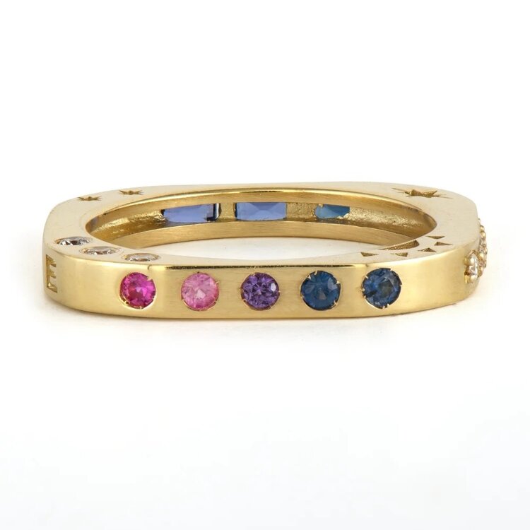 Three Stories Multi-Stone Square Engraved Love Band Sapphire