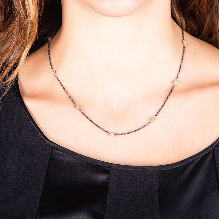 Amali Silver Diamond Textile Multi Station Oxidized Necklace