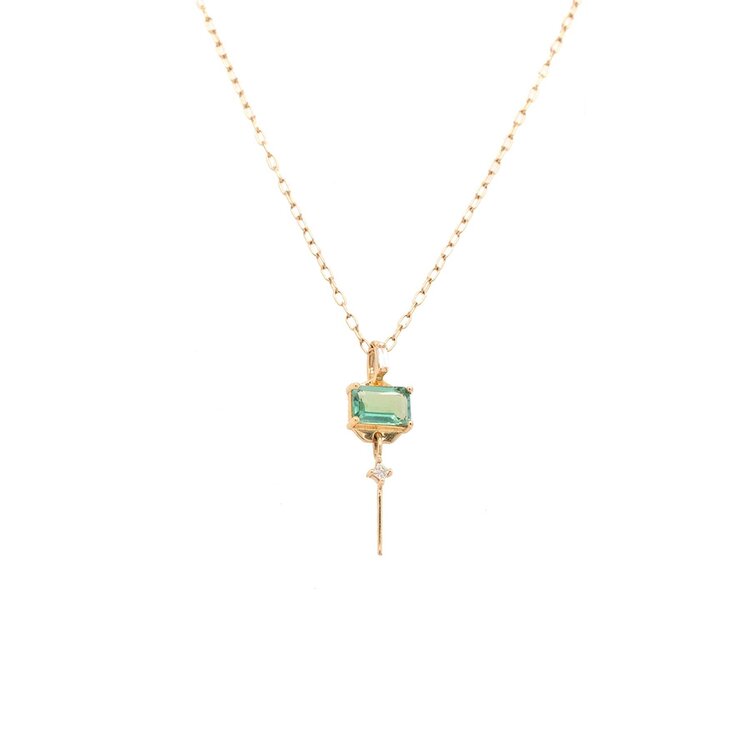Celine d'Aoust Light Green Tourmaline Baguette and Dangling Diamond Necklace