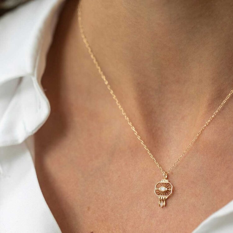 Celine d'Aoust Dream Maker Open Eye Diamond Octagonal Pendant Necklace