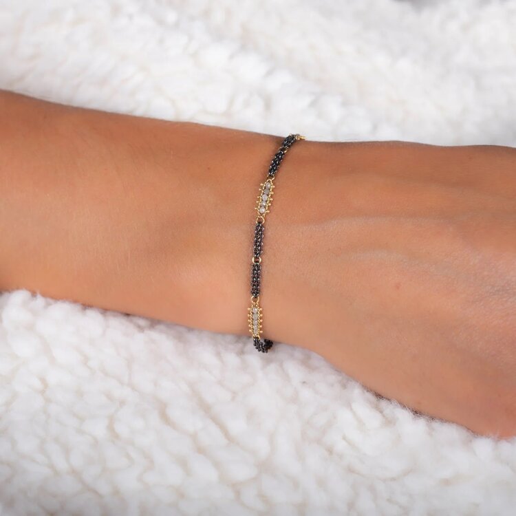 Amali Silver Diamond Textile Row Three Station Oxidized Bracelet