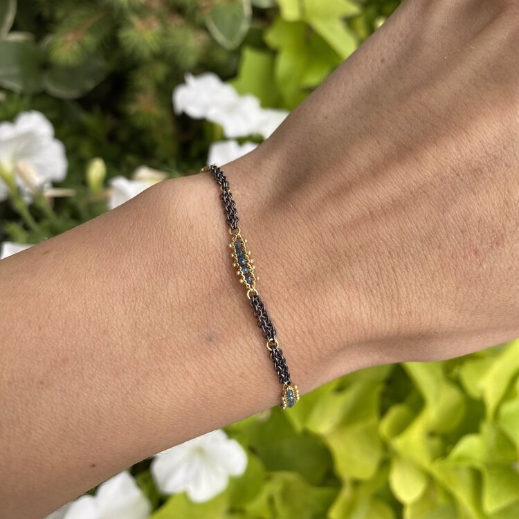 Amali Blue Diamond Textile Row Three Station Oxidized Bracelet