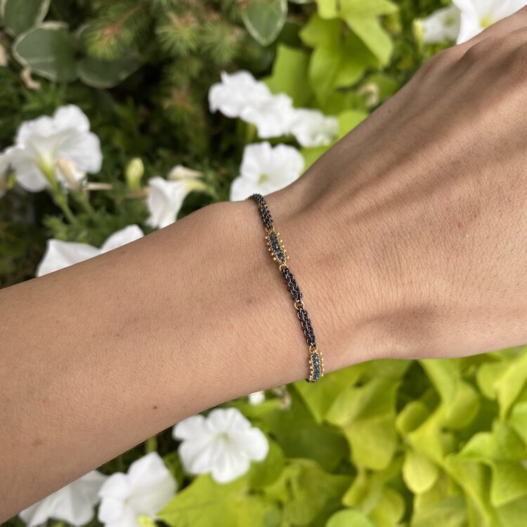 Amali Blue Diamond Textile Row Three Station Oxidized Bracelet