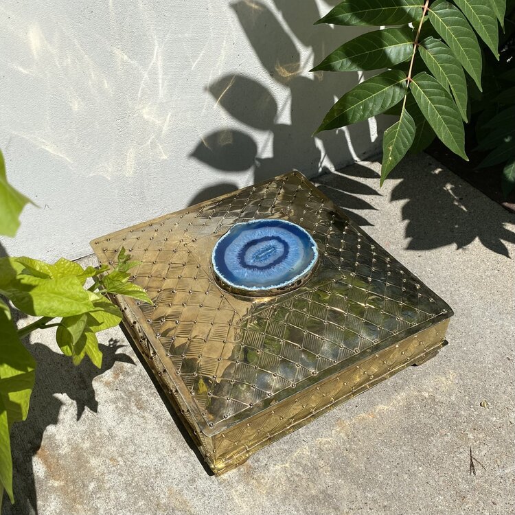 Blue Agate Slice Brass Box 12" x 12"