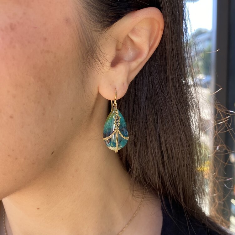 Amali Petrified Wood, Blue Opal and Black Diamond Draped Earrings