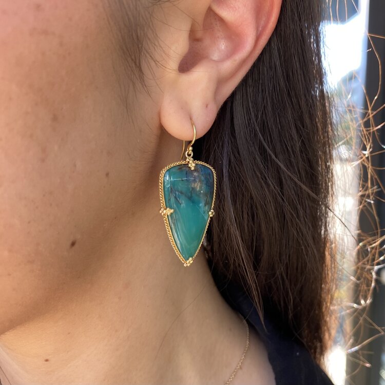 Amali Bezel-Set Petrified Wood with Blue Opal Shield Earrings