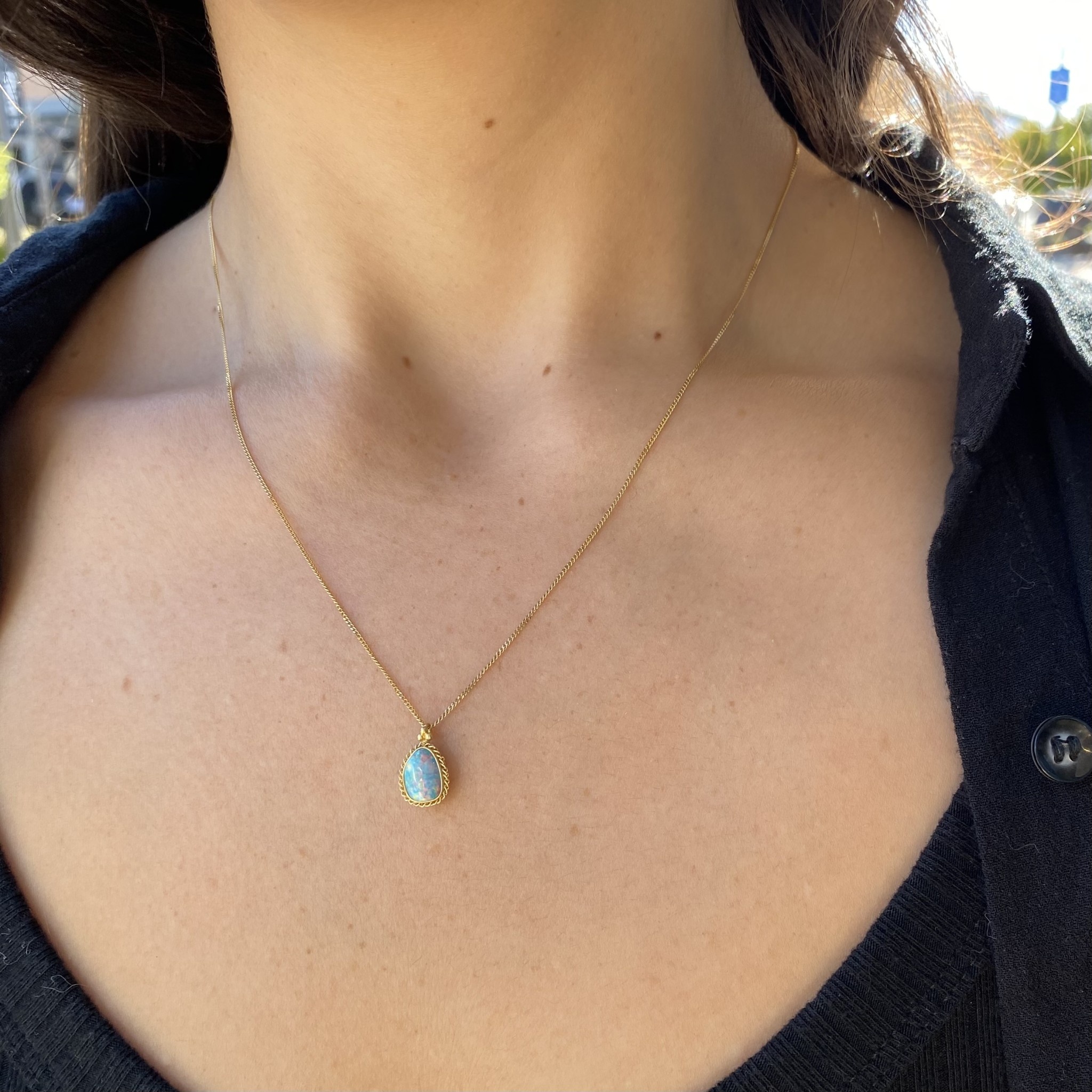 Classic Round AAA Opal and Aquamarine Three Stone Necklace in 14K Gold