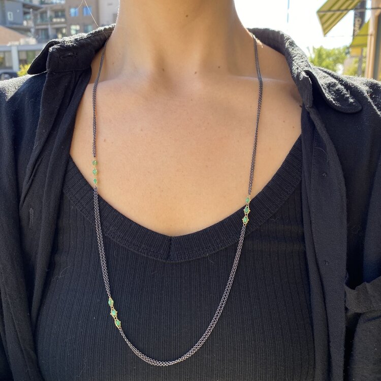 Amali Emerald Triple Textile Station Oxidized Necklace 30"
