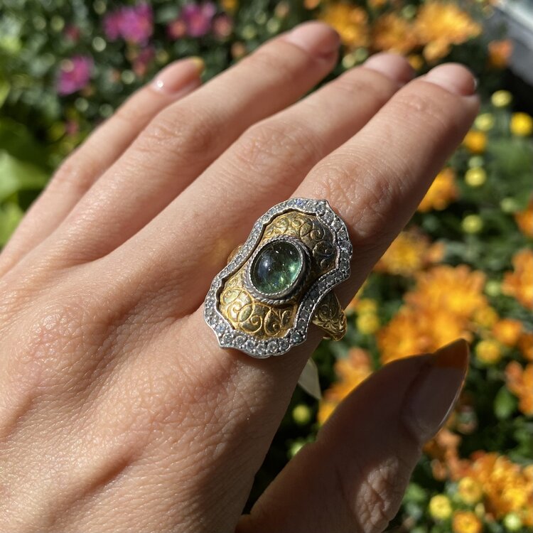 Vintage and Estate Armenta Green Tourmaline and Diamond Ring Size 6.5