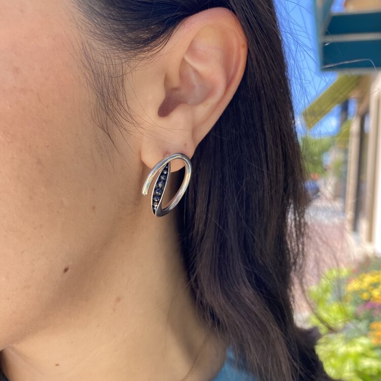 TBK Jewelry Sterling Silver Crossover Hoop Earrings with Black Diamonds