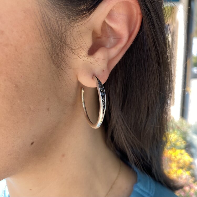 TBK Jewelry Large Hoop Earrings with Black Diamond Rondels