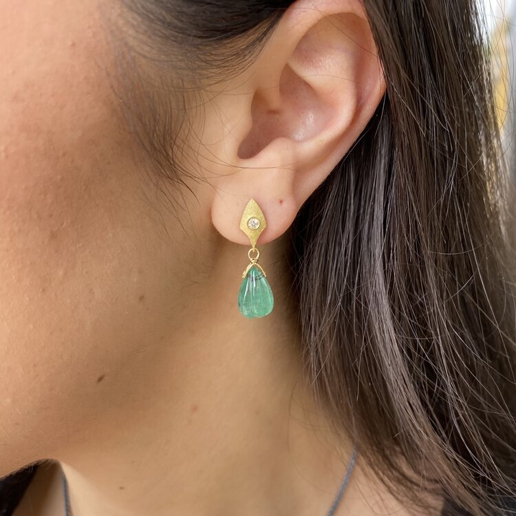 Alishan Carved Emerald Drop Stud Earrings