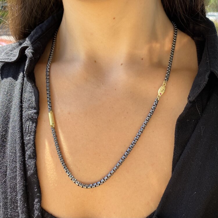 Alishan Oxidized Box Chain Necklace with Gold Barrel Detail