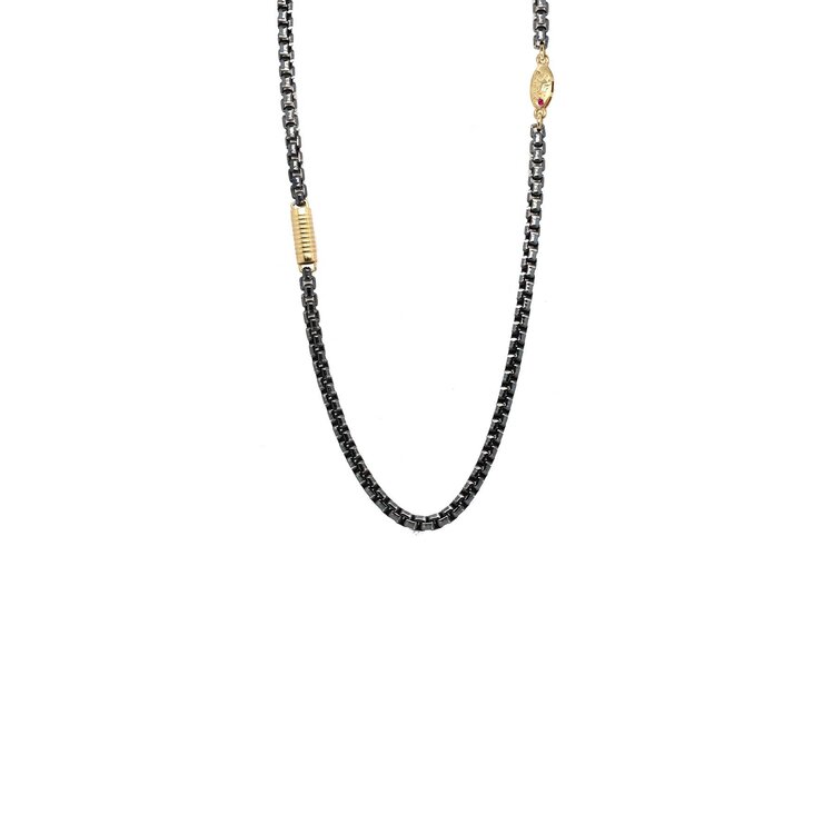 Alishan Oxidized Box Chain Necklace with Gold Barrel Detail