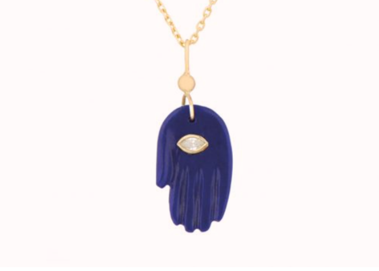 Celine d'Aoust Lapis Lazuli Mudra Hand & Diamond Eye Necklace with 30" Chain