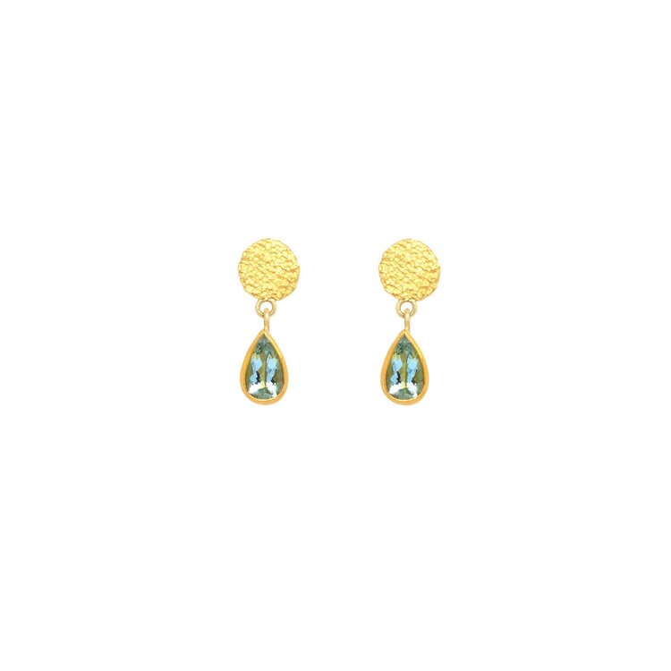 Petra Class Textured Gold Disc and Faceted Aquamarine Drop Earrings